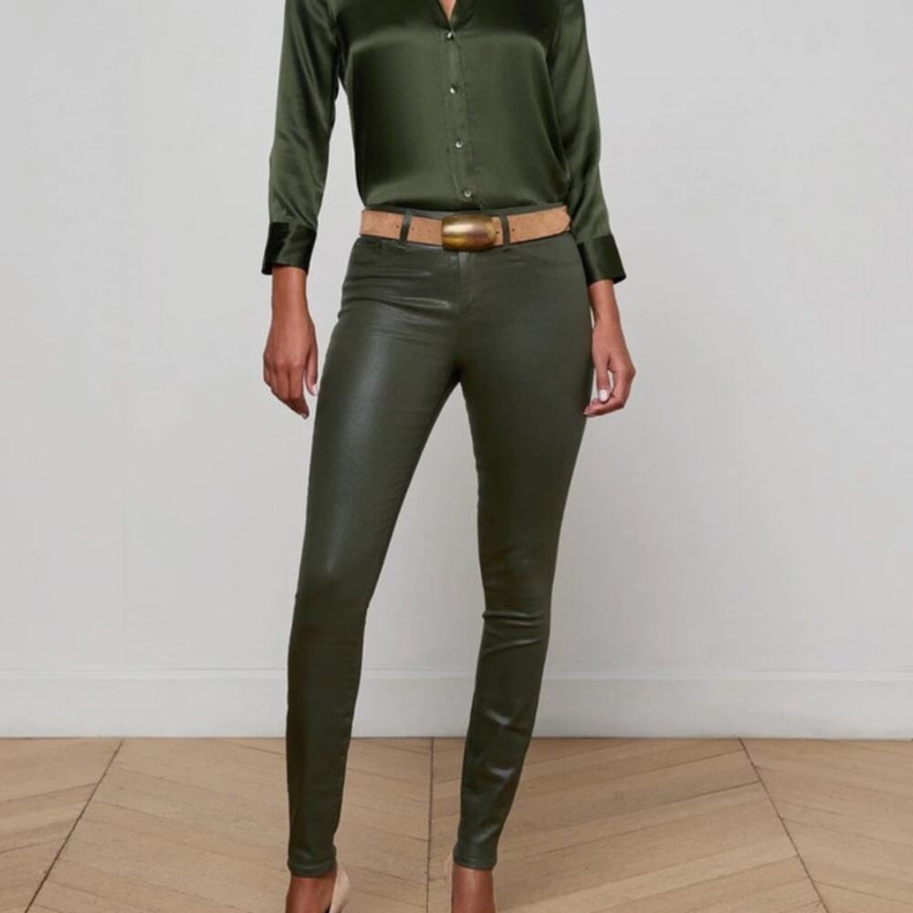 L’Agence Marguerite Coated Skinny Jean high rise Pinewood coated green 28 NWOT